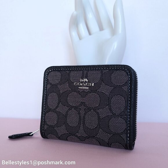 COACH Small Zip Around Wallet  With ID Window In Signature Jacquard -Black SB⭐ - Picture 3 of 16